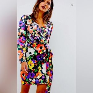 Asos design mini dress with plunge and drape bright floral print